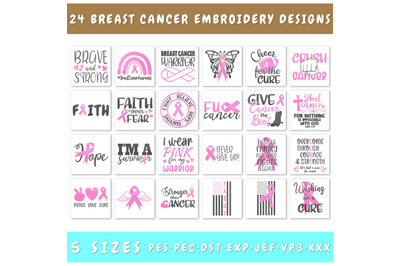 Breast Cancer Embroidery Designs Bundle - 24 Designs, Pink Ribbon