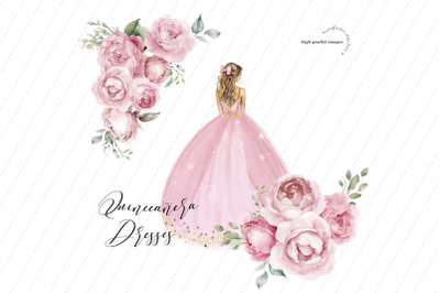 Elegant Blush Pink Princess Dresses Clipart, Pink Flowers