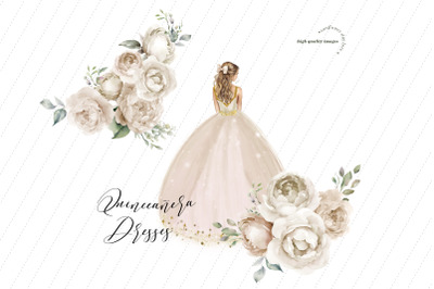 Champagne Princess Dresses Clipart, Champagne Flowers