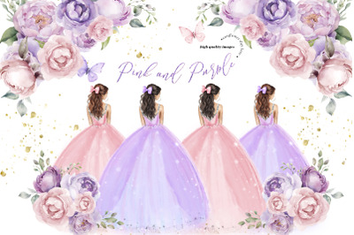 Pink &amp;amp; Purple Quinceaera Clipart&2C; Pink and Purple Flowers