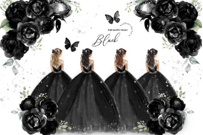 Black and Silver Princess Quince Clipart, Black Flowers Quinceanera