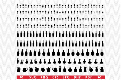 SVG Wine Glasses Bottles Pitchers, Silhouettes, Digital clipart