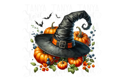 Witch Hat PNG Digital Print, Halloween Watercolor Sublimation Design,