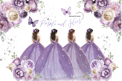 Elegant Purple Princess Silver Glitter Flowers Butterfly Clipart