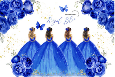 Royal Blue Gold Princess Dresses Flowers Butterfly Clipart