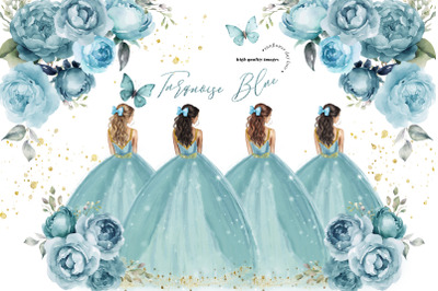 Turquoise Blue Gold Princess Butterfly Flowers Clipart&2C; Turquoise Blue