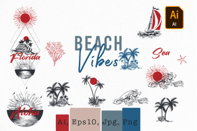 Beach ocean vibes vector clip art set