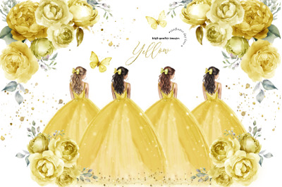 Elegant Yellow Princess Dresses Flowers Butterfly Clipart