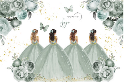 Sage Green Princess  Flowers Butterfly Clipart&2C;