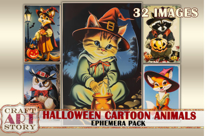 Halloween cartoon animals Ephemera Pack,Printable 1950 style