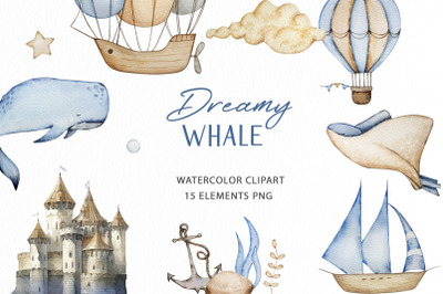 Watercolor Whale Nursery Clipart