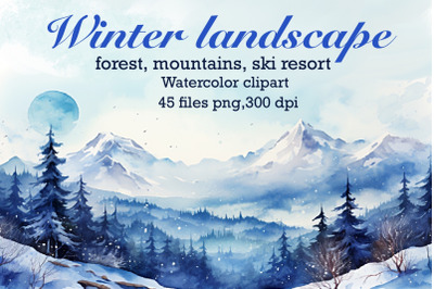 Winter ski resort,watercolor clipart