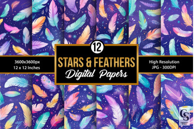 Pastel Stars &amp; Feathers Pattern Digital Papers