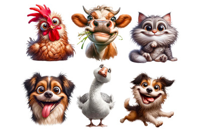 Funny Cat, Dogs, Chicken, Cow, Goose for Print Wall Art