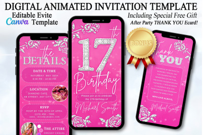 Editable Pink 17th BD Evite Template