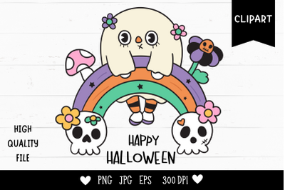 Cute ghost Halloween groovy kawaii cliparts trick or treat