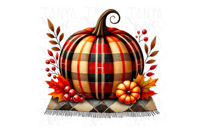 Plaid Pumpkin Sublimation Designs, PNG for Instant Download, Watercolo