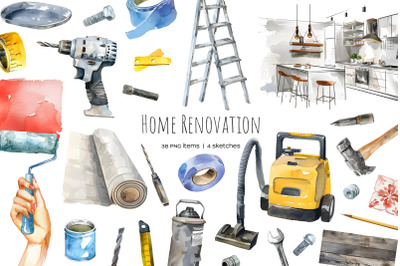 Watercolor apartment renovation clipart. Repair of apartments set