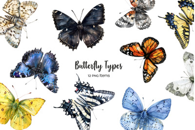 Watercolor butterfly types clipart. 12 butterflies PNG