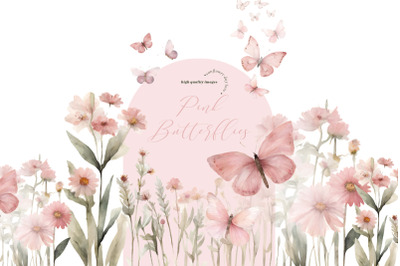 Pink Wildflowers Butterflies Clipart