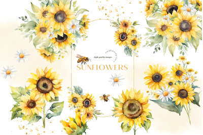 Sunflowers &amp; Bee Greenery Daisy Floral Clipart