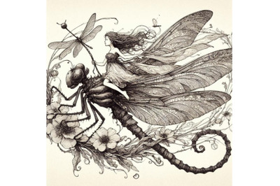 A fairy riding on a dragonfly