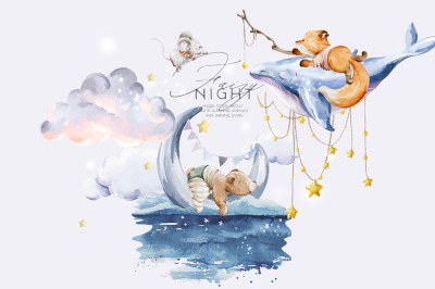 Fairy night Watercolor sleeping baby animals