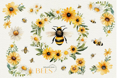 Sunflowers Bee &amp;amp; Daisy Clipart&2C; Greenery Floral