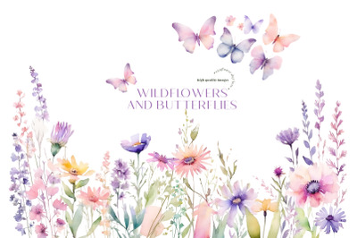 Wildflowers Colorful Butterflies Clipart