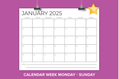 2025 8.5 x 11 Inch MON-SUN Calendar