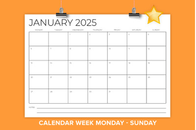 2025 A4 Thin Sans Serif MON-SUN Calendar