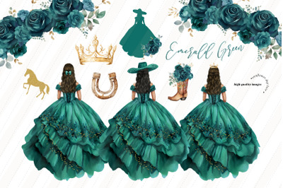 Emerald Green Princess Dresses Clipart&2C; Hunter Green Flowers