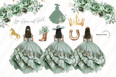 Sage Green Charro Quinceanera Dresses clipart&2C; Dusty Green Flowers