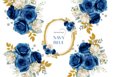 Navy Blue Flowers Bouquets Clipart&2C; Gold Floral Wedding