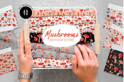 Autumn mushrooms. Watercolor seamless patterns