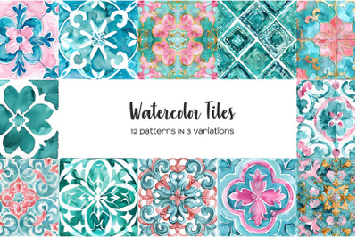 Watercolor turquoise and pink tiles clipart. Pink, turquoise and gold