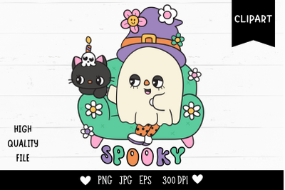 Hallloween ghost with cat on sofa kawaii clipart