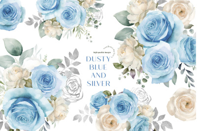 Dusty Blue Flowers Bouquets Clipart&2C; White Floral