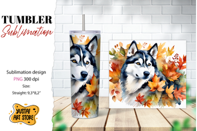 Fall tumbler wrap. Fall dog sublimation design. Husky PNG