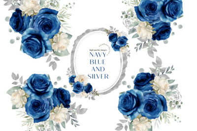 Navy Blue Flowers Silver Bouquets Clipart, Blue White Floral