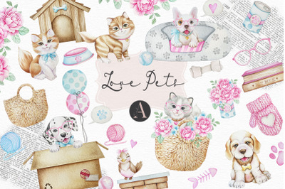 Love Pets Watercolor illustrations clipart