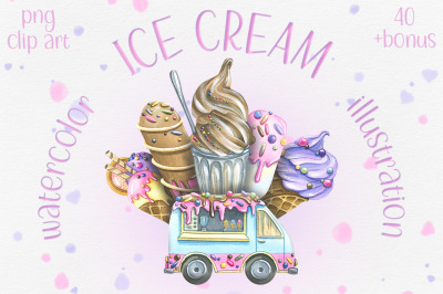 Ice cream food truck watercolor clip art