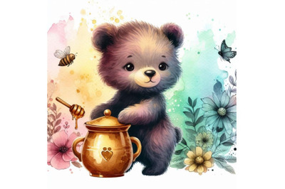 A baby bear with a honey pot