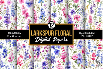 Watercolor Larkspur Flowers Seamless Patterns