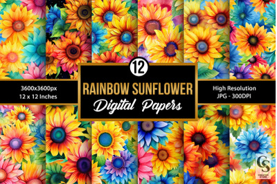 Watercolor Rainbow Sunflowers Seamless Patterns