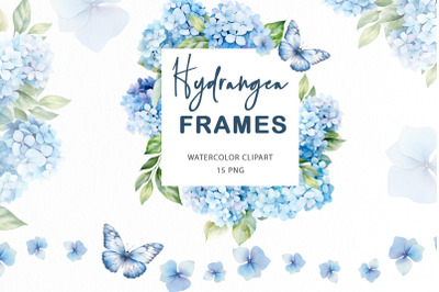 Watercolor Blue Hydrangea Frames Clipart