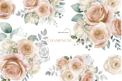 Champagne Roses Greenery Clipart, Champagne Silver Roses