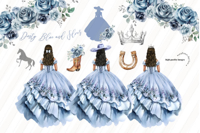 Dusty Blue Charro Quinceaera Crown Clipart&2C; Dusty Blue Flowers