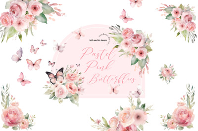 Pastel Pink Wildflowers Butterflies Clipart&2C; Pink Butterfly Clipart