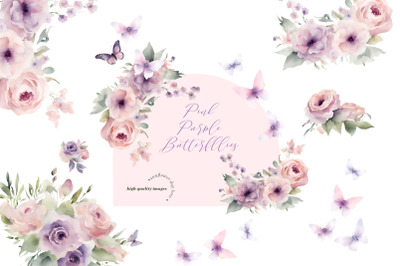 Pink &amp; Purple Wildflowers Butterflies Clipart, Lilac Pink Floral